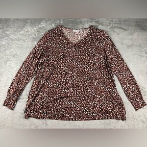 Susan Graver Liquid Knit Printed Top Size 2X Long Sleeve V-Neck Brown Multi Dot